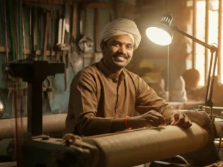 An image illustrating Photorealistic, eye-level medium shot: A skilled Indian artisan (e.g., weaver, sculptor, blacksmith - representing Vishwakarma community) is joyfully working in their upgraded local workshop, using modern tools potentially acquired through the Pradhan Mantri Vishwakarma Yojana. Sunlight streams in. Their high-quality crafts are visible. The artisan looks towards the viewer with a confident, hopeful smile, embodying self-reliance. Clean, encouraging, and positive atmosphere. Authentic Indian details. 16:9 aspect ratio. --no text, --no overt poverty, --no distracting elements.