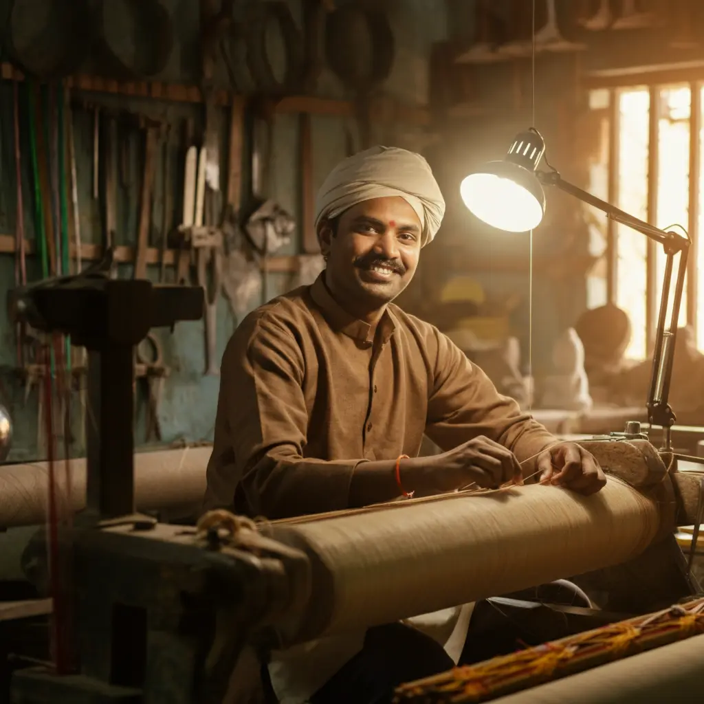 An image illustrating Photorealistic, eye-level medium shot: A skilled Indian artisan (e.g., weaver, sculptor, blacksmith - representing Vishwakarma community) is joyfully working in their upgraded local workshop, using modern tools potentially acquired through the Pradhan Mantri Vishwakarma Yojana. Sunlight streams in. Their high-quality crafts are visible. The artisan looks towards the viewer with a confident, hopeful smile, embodying self-reliance. Clean, encouraging, and positive atmosphere. Authentic Indian details. 16:9 aspect ratio. --no text, --no overt poverty, --no distracting elements.