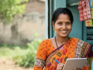 An image illustrating Photorealistic, eye-level medium shot: A happy and confident 35-year-old Indian woman from Jharkhand, a beneficiary of the JMM Samman Yojana. She is dressed in simple, neat regional attire. She stands in front of her small, thriving local business (e.g., a tailor shop, a small grocery stall) or is engaged in a productive activity (e.g., using a tablet for online learning, managing accounts for her small business), symbolizing economic empowerment. The background is a bright, clean, and slightly blurred typical Jharkhand setting with some greenery, suggesting prosperity and growth. The overall mood is optimistic, aspirational, and empowering. Natural, bright sunlight. 16:9 aspect ratio. Focus on her positive expression. --no explicit cash, --no overt political branding, --no signs of distress.