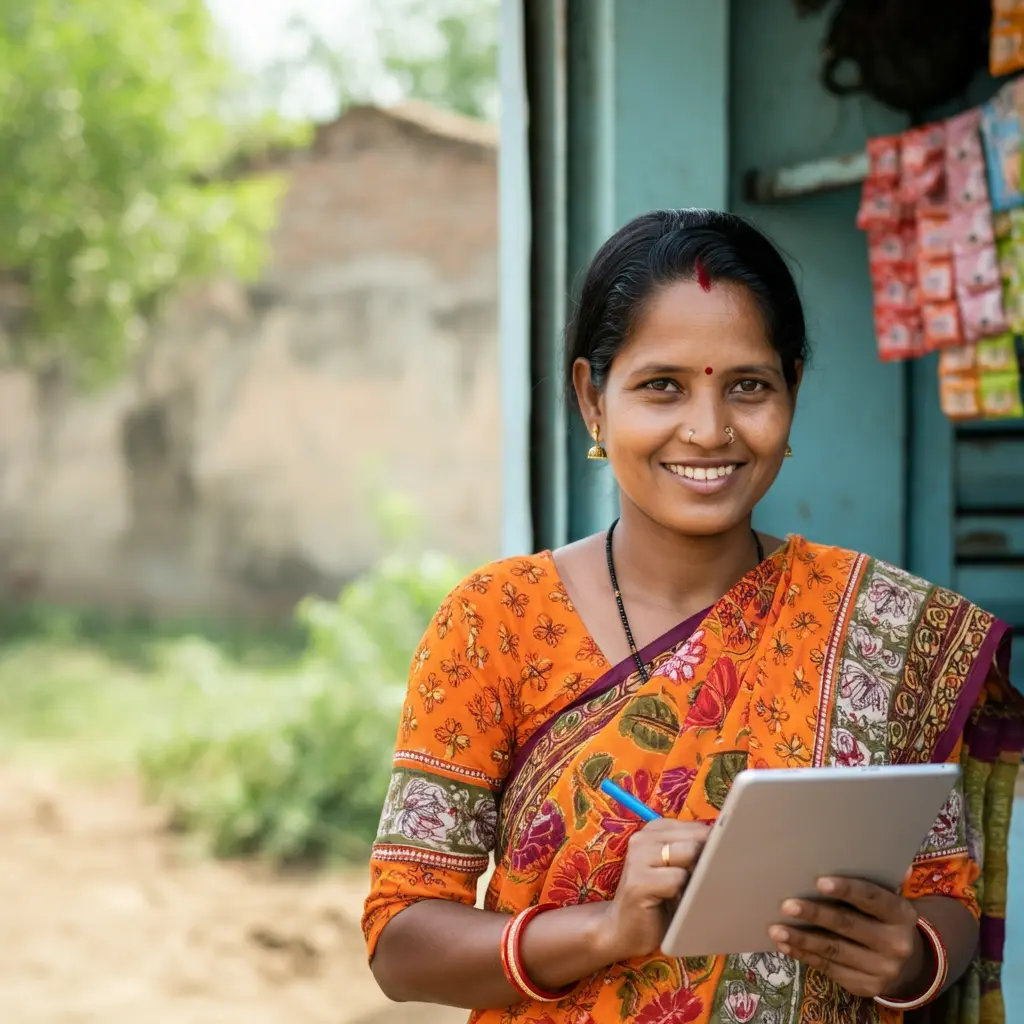 An image illustrating Photorealistic, eye-level medium shot: A happy and confident 35-year-old Indian woman from Jharkhand, a beneficiary of the JMM Samman Yojana. She is dressed in simple, neat regional attire. She stands in front of her small, thriving local business (e.g., a tailor shop, a small grocery stall) or is engaged in a productive activity (e.g., using a tablet for online learning, managing accounts for her small business), symbolizing economic empowerment. The background is a bright, clean, and slightly blurred typical Jharkhand setting with some greenery, suggesting prosperity and growth. The overall mood is optimistic, aspirational, and empowering. Natural, bright sunlight. 16:9 aspect ratio. Focus on her positive expression. --no explicit cash, --no overt political branding, --no signs of distress.