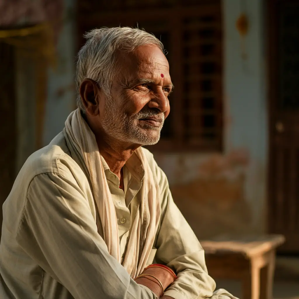An image illustrating Photorealistic, eye-level shot of a dignified elderly Indian unorganized sector worker (e.g., male artisan or female domestic helper) with a serene and secure expression, perhaps looking towards a brighter future. The background is a modest but well-kept Indian home or a pleasant community space, bathed in warm, natural sunlight. The image subtly conveys financial stability and self-reliance in old age due to a government pension scheme. Focus on hopeful and positive emotions. Indian cultural elements should be authentic and respectful. 16:9 aspect ratio. --no text, --no direct money, --no explicit government branding, --no signs of hardship.