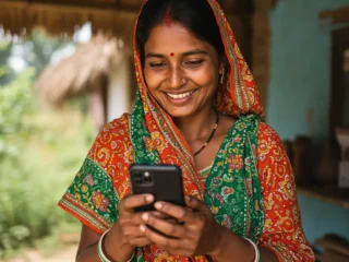 An image illustrating Photorealistic, eye-level shot: A smiling, dignified Indian woman from Jharkhand (representing 'मईयां'), mid-30s, in a humble but neat rural/semi-urban Jharkhand setting. She is holding a smartphone, looking at it with a hopeful expression, perhaps having just completed an online application or received a notification related to 'मईयां सम्मान योजना' and the financial assistance (implied, not explicitly showing cash). Bright, warm, natural daylight. The overall mood is positive, empowered, and respectful. Focus on her expression of relief and optimism. 16:9 aspect ratio. --no text, --no direct display of money, --no overly distressed imagery.