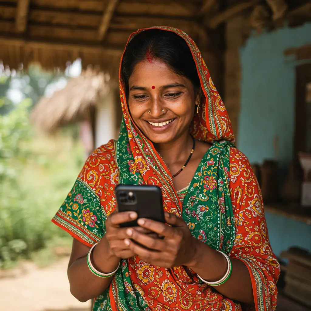 An image illustrating Photorealistic, eye-level shot: A smiling, dignified Indian woman from Jharkhand (representing 'मईयां'), mid-30s, in a humble but neat rural/semi-urban Jharkhand setting. She is holding a smartphone, looking at it with a hopeful expression, perhaps having just completed an online application or received a notification related to 'मईयां सम्मान योजना' and the financial assistance (implied, not explicitly showing cash). Bright, warm, natural daylight. The overall mood is positive, empowered, and respectful. Focus on her expression of relief and optimism. 16:9 aspect ratio. --no text, --no direct display of money, --no overly distressed imagery.