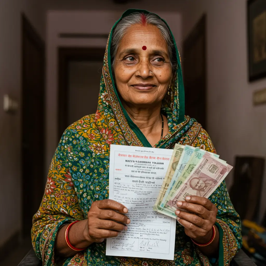 An image illustrating Photorealistic, eye-level shot: A dignified Indian woman, a beneficiary of 'Maiya Samman Yojana', is seated in a clean, humble home environment. She holds a government scheme document and a few currency notes, symbolizing the financial assistance received. She has a gentle, hopeful smile, looking slightly off-camera as if contemplating a brighter future. Warm, natural indoor lighting. Focus on her expression of relief and empowerment. Indian context clearly visible. 16:9 aspect ratio. --no excessive wealth, --no text, --no distracting background elements.