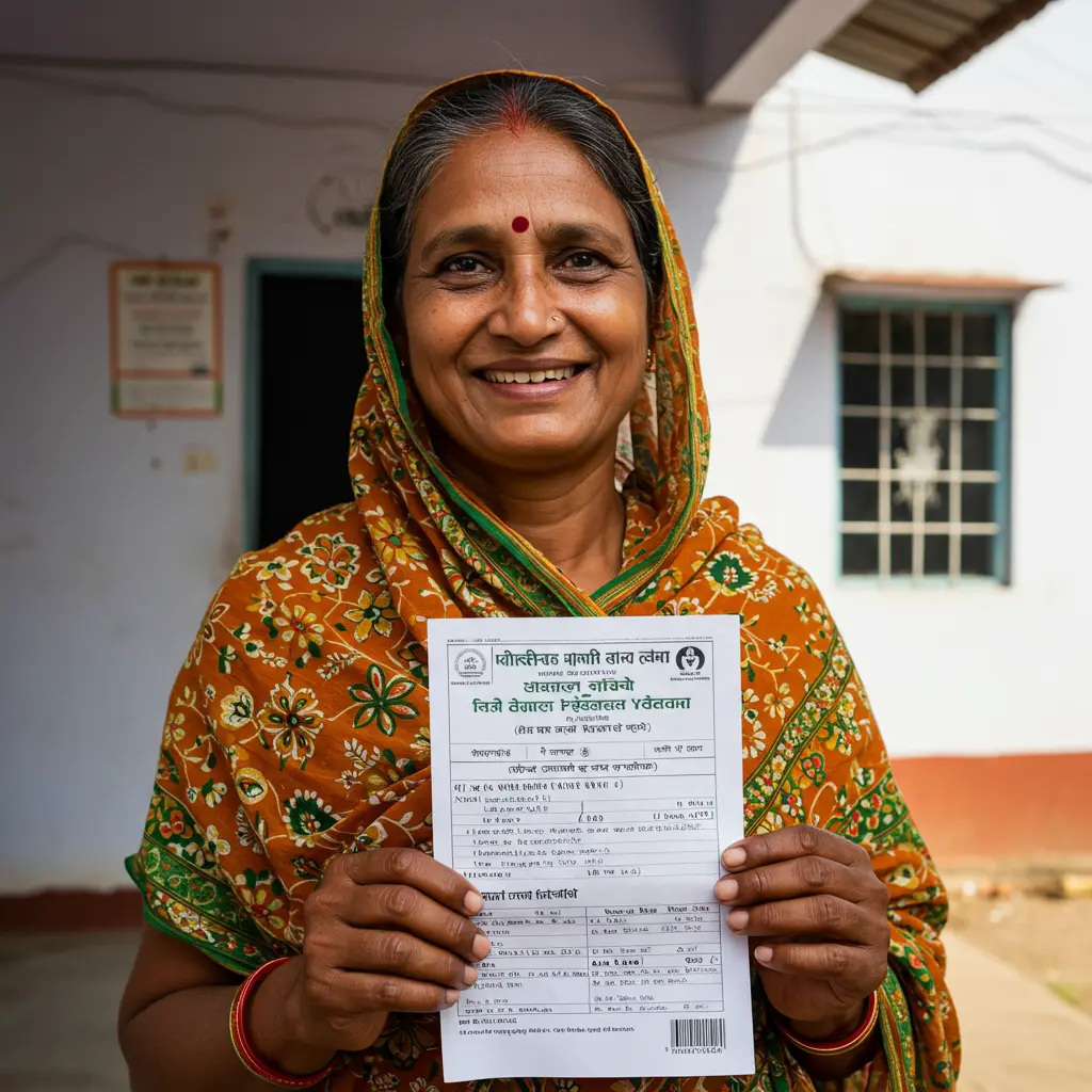 An image illustrating Photorealistic, eye-level medium shot: A cheerful and dignified Indian individual (man or woman, aged 40-55, representing an unmarried or widowed beneficiary) from a Haryana setting. They are holding a symbolic passbook or a letter with a slight smile, radiating a sense of financial security and empowerment due to the 'Haryana Avvivahit Pension Yojana'. Background shows a clean, bright, and modest Haryana home or a positive interaction at a government scheme counter. Natural, warm sunlight. Focus on an uplifting, hopeful expression. 16:9 aspect ratio. --no specific text on documents, --no logos, --no overt political messaging, --no signs of distress.