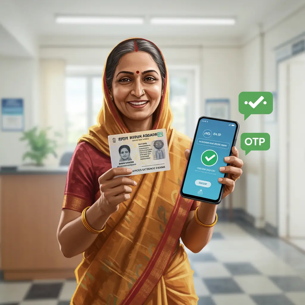 An image illustrating Realistic illustration. Eye-level medium shot of a smiling, middle-aged Indian individual (e.g., a woman in simple Saree or Salwar Kameez, or a man in a simple shirt, relatable everyday Indian) looking pleased and holding a generic Aadhar card in one hand and a smartphone in the other. The smartphone screen subtly displays a green checkmark or a message bubble icon, symbolizing a successful OTP or mobile link confirmation. Background is a clean, bright, and uncluttered Indian home or a modern, friendly government service counter (Aadhaar Seva Kendra), softly blurred. Overall mood is positive, helpful, and empowering, reflecting the ease of the process. Colors are warm, inviting, and clear, with dominant blues and greens for trust and success. 16:9 aspect ratio. --no text, --no specific app UI, --no personal data visible.