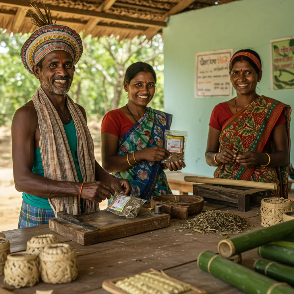 An image illustrating Photorealistic, eye-level medium shot of a group of 3-4 smiling Indian tribal community members (men and women, varied ages, in traditional yet practical attire) collaboratively working in a bright, clean community workspace. They are engaged in value addition of non-timber forest produce like crafting intricate bamboo items, sorting medicinal herbs, or packaging artisanal honey. One individual is proudly displaying a finished, well-packaged product. Subtle elements of improved livelihood like better tools or organized workstations are visible. Background shows a hint of a lush green forest and a simple, well-maintained community building, suggesting a supportive environment. Lighting is warm, natural daylight, creating a hopeful and industrious atmosphere. Focus on joyful expressions and dignity. Indian tribal context should be authentic and respectful. 16:9 aspect ratio. --no text, --no overt government branding, --no stereotypes, --no depiction of poverty.