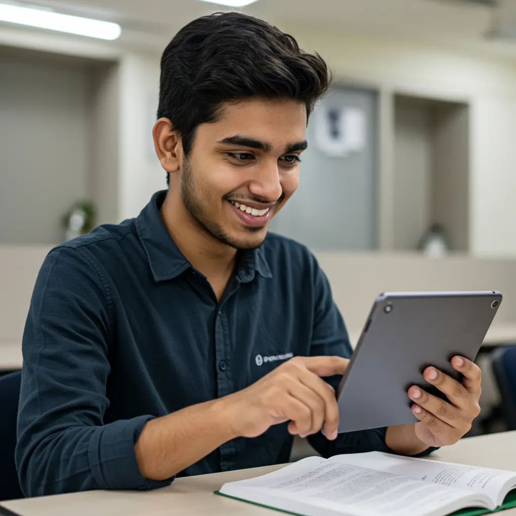 An image illustrating Photorealistic, eye-level close-up to medium shot: A smiling young Indian student (clearly identifiable as a higher education student from Uttar Pradesh, can be male or female) is enthusiastically using a new tablet provided under the UP Free Tablet Smartphone Yojana. The student is in a bright, clean study setting (e.g., college library, a dedicated study corner at home). The tablet screen subtly shows an e-learning interface. The student's expression conveys hope and empowerment from digital learning. Soft, natural daylight enhancing a positive mood. 16:9 aspect ratio. --no text on image --no specific logos --no distracting background elements.