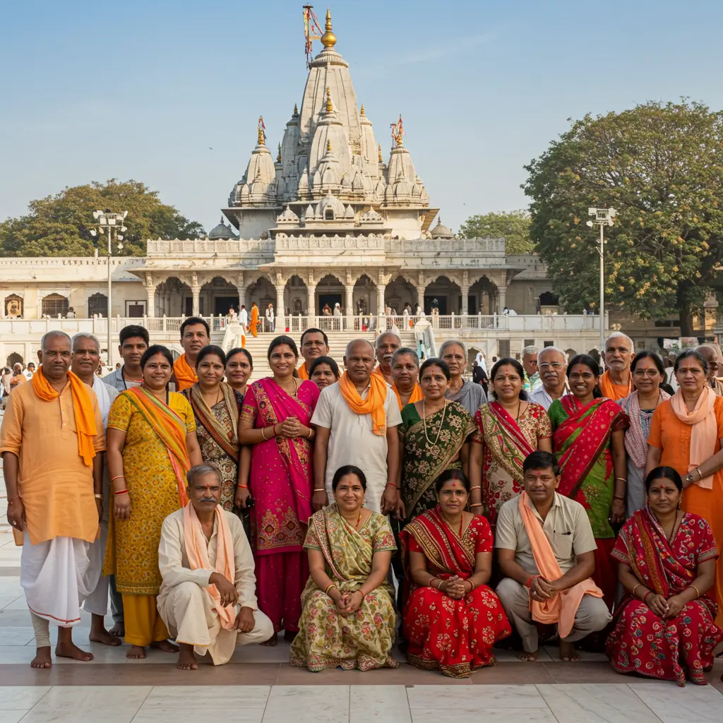 An image illustrating Photorealistic, eye-level shot: A diverse group of smiling Indian pilgrims (men and women, representing ages 18-75, dressed in simple, neat, traditional Indian attire) stand together with expressions of joy and gratitude. In the soft-focused background, the magnificent architecture of the Shri Ram Janmabhoomi Mandir in Ayodhya is respectfully visible under a clear, bright blue sky. The scene is bathed in warm sunlight, evoking a hopeful, spiritual, and positive community atmosphere. 16:9 aspect ratio. --no text, --no explicit deity faces, --no brand logos.
