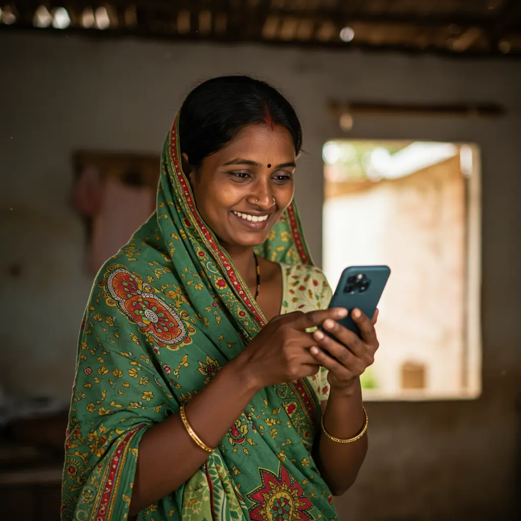 An image illustrating A heartwarming, photorealistic image capturing a smiling Odia woman (appearing to be in her 30s or 40s, dressed in simple, neat traditional or everyday Indian attire) standing in a modest but bright home or community setting in Odisha. She is looking gratefully at her mobile phone, a subtle glow from the screen reflecting on her face, symbolizing the receipt of financial aid through the Subhadra Yojana (DBT). The overall atmosphere is one of hope, empowerment, and positive change. Soft, natural daylight illuminates the scene. The background is slightly blurred, keeping the focus on the woman. 16:9 aspect ratio. Colors: optimistic, warm, with hints of green or yellow. Avoid text on screen, focus on her expression of relief and happiness. --no brand logos on phone, --no distracting elements, --no overt signs of distress or poverty.