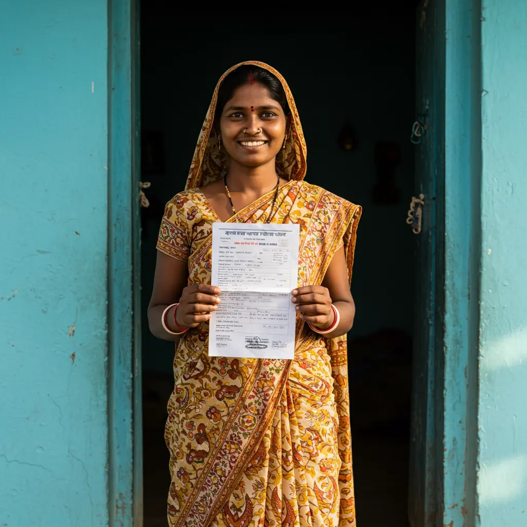 An image illustrating Photorealistic, eye-level medium shot of a cheerful Jharkhandi woman, around 35 years old, dressed in traditional yet neat local attire (e.g., a simple cotton saree with a local print). She stands in the doorway of her modest, well-maintained rural home, with a hint of a lush green Jharkhand landscape visible in the soft-focused background. She holds a government scheme-related passbook or document (subtly, without prominent text) with a gentle smile, conveying financial security and empowerment from the 'झारखण्ड मईयां सम्मान योजना'. Bright, natural morning sunlight creating a hopeful and positive atmosphere. Aspect ratio 16:9. Keywords for AI focus: Jharkhand, woman empowerment, financial security, rural India, positive, hopeful. --no text on document, --no overt political symbols, --no clutter.
