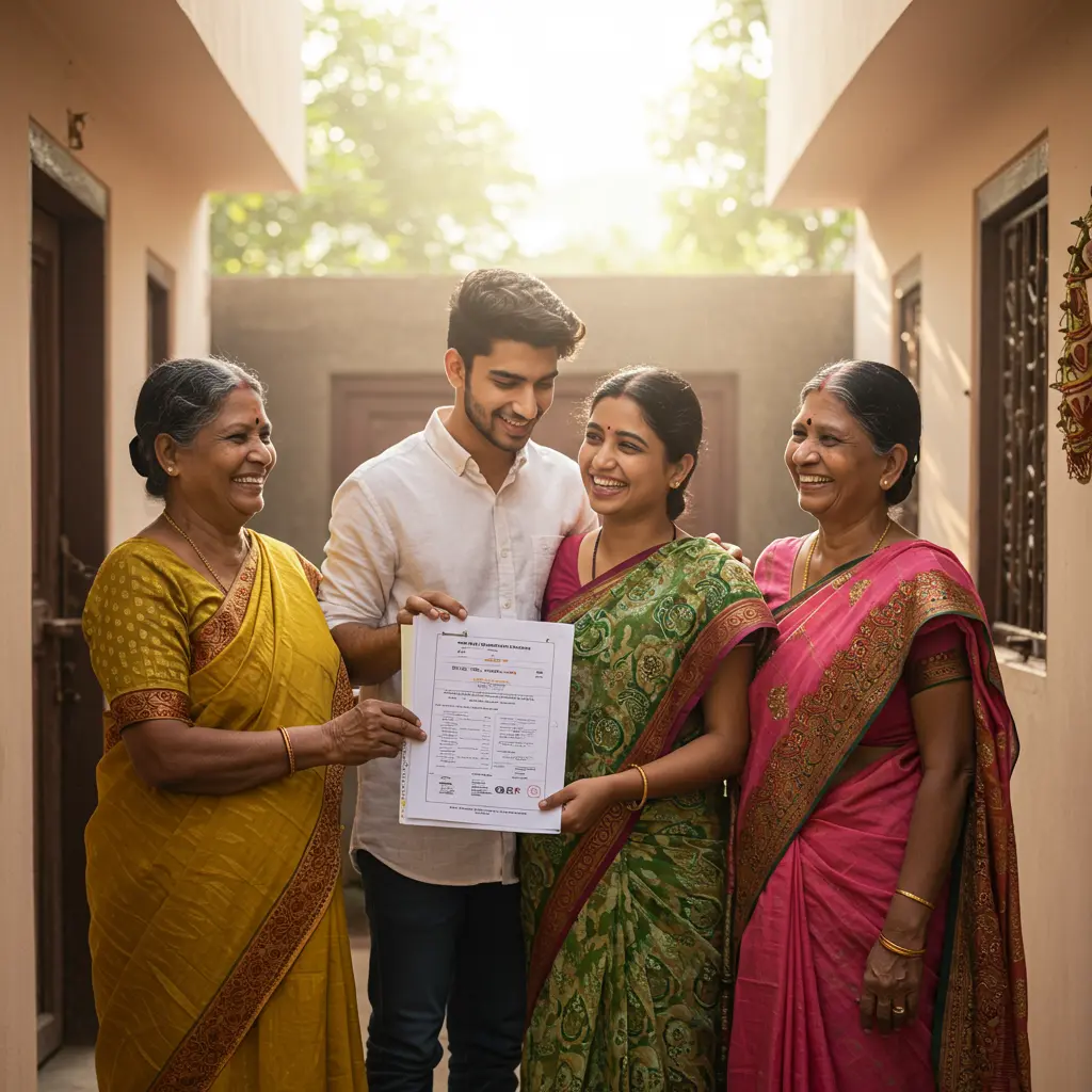 An image illustrating Photorealistic, eye-level shot capturing a heartwarming moment in a modest Indian home. A young adult (early 20s, representing a beneficiary of 'Ek Parivar Ek Naukri Yojana') is the central focus, dressed neatly as if for a new job, sharing a joyful, hopeful smile with their proud parents. The scene is illuminated by bright, natural sunlight, symbolizing a new beginning and improved prospects. The overall mood is optimistic, secure, and encouraging, reflecting the scheme's objective of providing one job per family. Subtle Indian cultural details in the background. 16:9 aspect ratio. --no text, --no specific government logos.