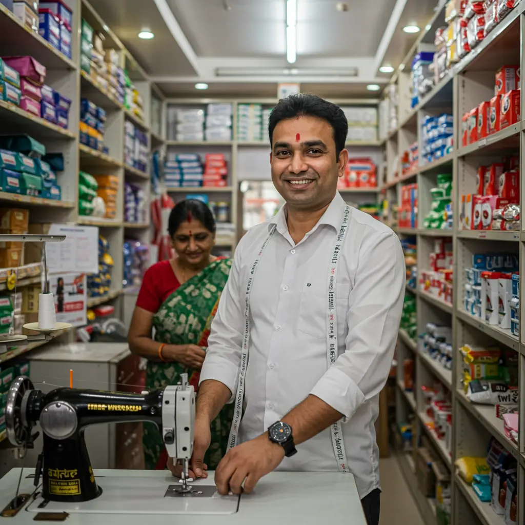 An image illustrating Photorealistic, eye-level medium shot of a smiling, confident Indian entrepreneur (e.g., a woman in her vibrant tailoring shop with new sewing machines, or a man in his well-stocked modern grocery store). They are actively engaged in their flourishing business, clearly showing growth and improvement facilitated by a business loan like the Mudra Yojana. Bright, warm, natural lighting creates an optimistic and encouraging atmosphere. Authentic Indian urban or semi-urban small business setting. 16:9 aspect ratio. --no text, --no prominent bank logos, --no currency.