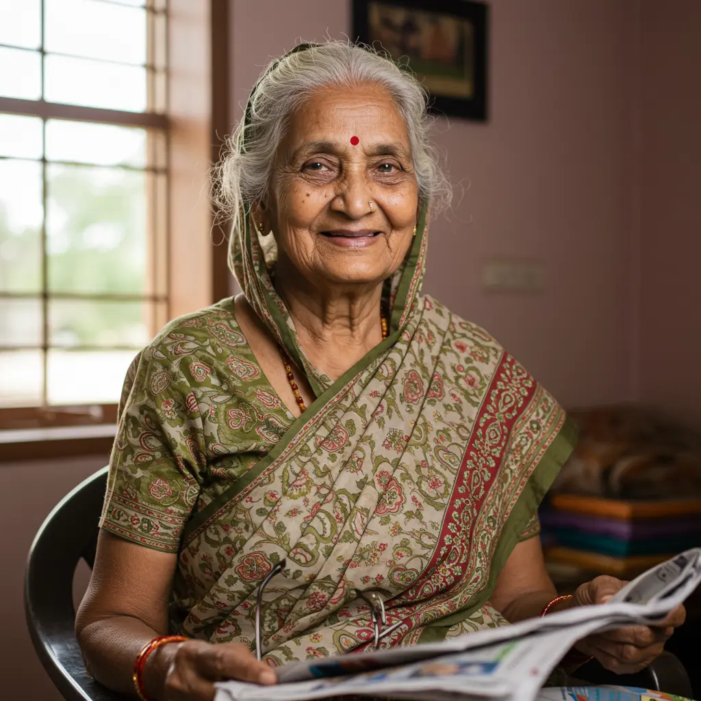 An image illustrating Photorealistic, eye-level medium shot of a dignified elderly Maharashtrian woman (around 65-75 years old) with a gentle, hopeful smile. She is seated comfortably in her simple, clean, and brightly lit home in a Maharashtra setting, perhaps near a window with soft daylight. She could be holding a pair of spectacles and a newspaper, suggesting an improved quality of life due to financial support. The overall mood is one of peace, security, and quiet contentment provided by the 'Mukhyamantri Vayoshri Yojana'. Focus on her expressive eyes conveying gratitude and relief. Warm color palette. 16:9 aspect ratio. --no text, --no specific logos, --no clutter, --no sadness.