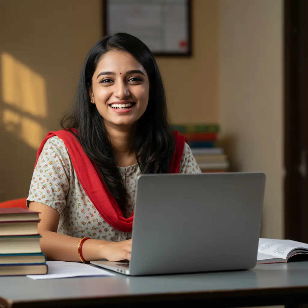 An image illustrating Photorealistic, eye-level medium shot: A hopeful young Indian female student (18-22 years) smiling brightly, sitting at a simple desk with a laptop. She's looking towards the viewer, exuding confidence about her future, enabled by the Mukhyamantri Kanya Utthan Yojana's financial support for higher education. Books and a subtly inspiring study environment in the background. Warm, natural daylight, creating an optimistic and empowering mood. Culturally appropriate Indian attire and setting. 16:9 aspect ratio. --no text, --no brand logos, --no clutter.