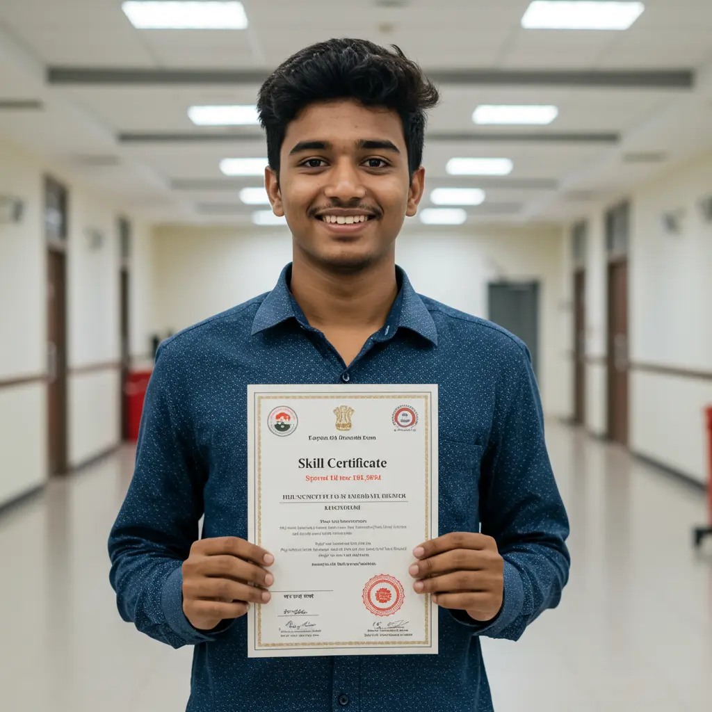 An image illustrating Photorealistic, eye-level shot of a young, confident Indian youth (male or female, early 20s) from Maharashtra, proudly displaying a skill-training certificate. They are smiling, radiating optimism about their future. The background is a bright, modern setting—perhaps an advanced classroom or a welcoming new workplace—symbolizing successful skill development and enhanced employment prospects. Uplifting mood with warm, natural daylight. 16:9 aspect ratio. Focus on the individual's hopeful expression and achievement. --no text on certificate unless generic like 'Skill Certificate', --no currency, --no distracting elements.