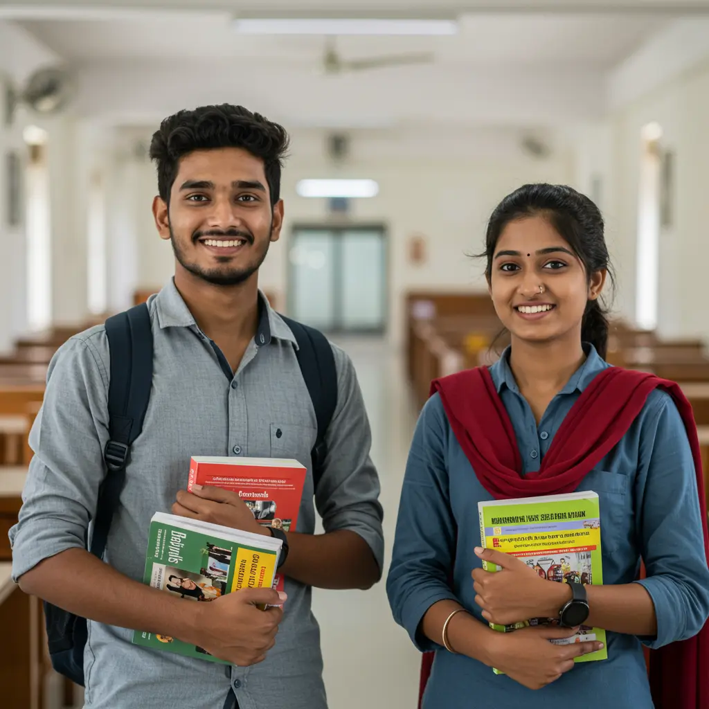 An image illustrating Photorealistic, eye-level shot: Two young, bright-eyed Indian students (one male, one female, around 18-20 years old) from Rajasthan, representing beneficiaries of the Mukhyamantri Uch Siksha Chatravriti Yojana. They are smiling hopefully and holding textbooks, standing in a clean, well-lit library or college study area. The scene evokes a sense of new opportunity and access to higher education. Soft, natural daylight. Mood: positive, aspirational, empowered. 16:9 aspect ratio. --no text --no brand logos.
