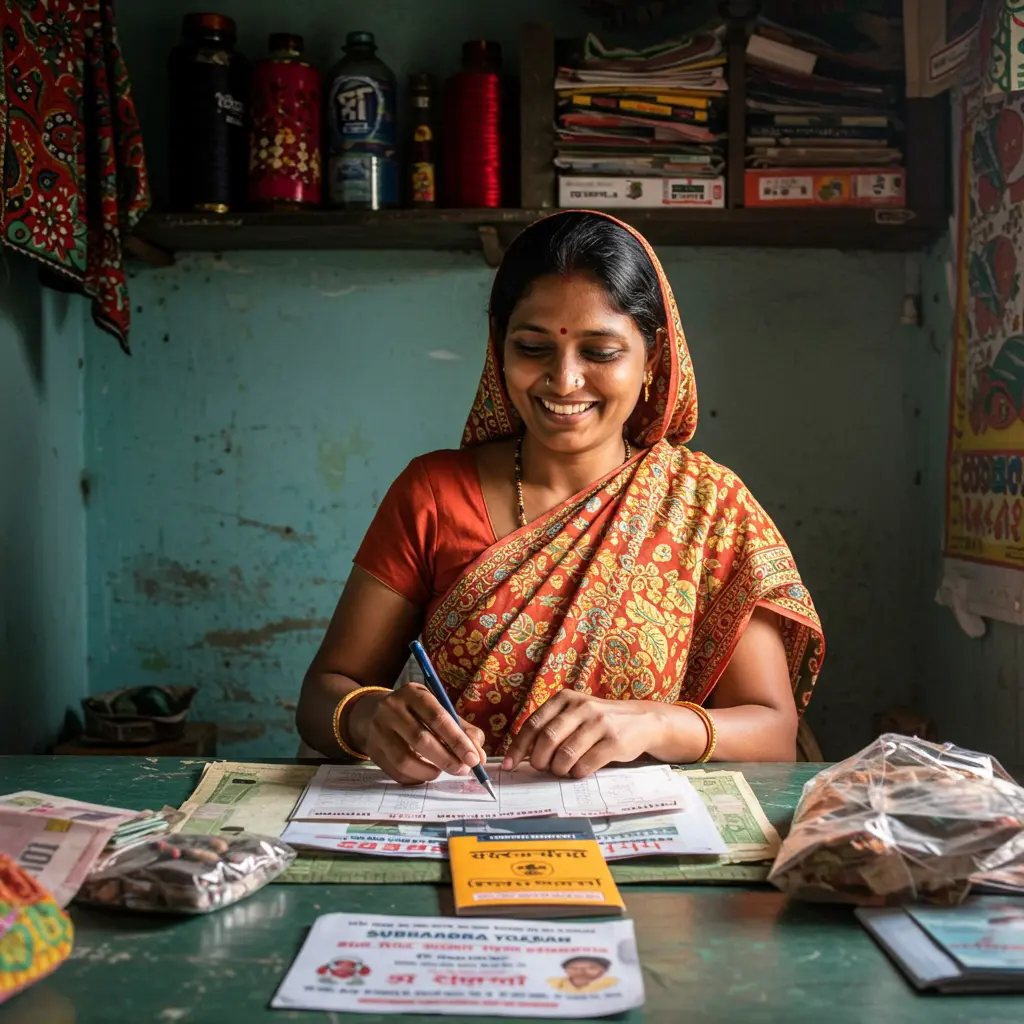 An image illustrating Photorealistic, eye-level shot: A smiling Odia woman (30s-40s), representing an empowered beneficiary of the Subhadra Yojana, is diligently working at her small, well-organized home-based business (e.g., tailoring, handicrafts, or a small food stall) in a rural/semi-urban Odisha setting. Sunlight illuminates her workspace, creating a hopeful and positive atmosphere. She looks confident and self-reliant. A subtle visual cue like a government scheme passbook or a Subhadra Yojana informational leaflet could be on her desk. Focus on her agency and the positive impact of the scheme. 16:9 aspect ratio. --no explicit text or logos on items unless it's the yojana leaflet, --no depiction of poverty, --no direct cash.