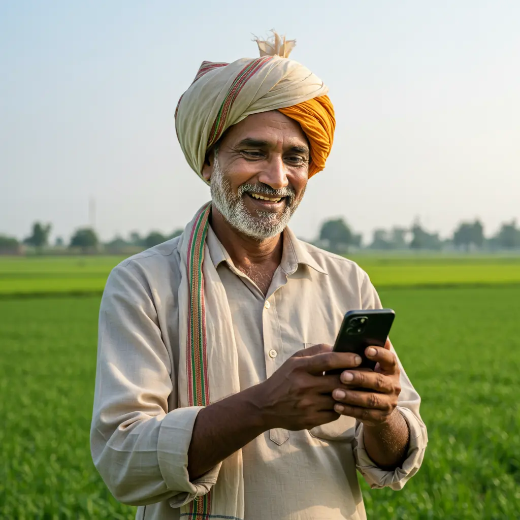 An image illustrating Photorealistic, eye-level medium shot of a happy and hopeful Indian smallholder farmer, male or female, mid-40s, dressed in simple, neat rural attire. The farmer is standing in front of a lush green field under a clear, bright sky (symbolizing agricultural prosperity). They are holding a smartphone and looking at it with a pleased expression, as if checking their PM Kisan Yojana status or eKYC confirmation. The phone screen is not the main focus but can show a very simple, generic success icon or a list icon. The overall mood is positive, empowering, and reflects the benefits of the scheme. Indian context clearly visible. Natural, warm sunlight. 16:9 aspect ratio. --no specific text on phone, --no overt branding, --no distressed elements.