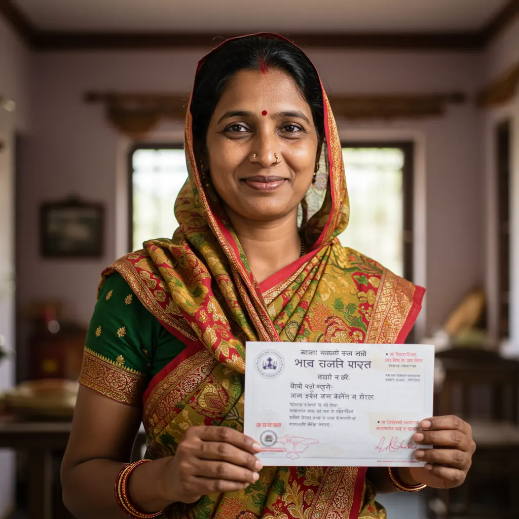 An image illustrating Photorealistic, eye-level medium shot: A hopeful Maharashtrian woman (aged 30-50s, from a humble background) with a gentle, dignified smile, dressed in simple, traditional Maharashtrian attire. She is holding a symbolic representation of the 'मुख्यमंत्री माझी लाडकी बहिन योजना' benefit, such as an official-looking letter or a bank passbook, signifying financial support and empowerment. The background is a brightly lit, modest but clean rural or semi-urban Maharashtrian home, conveying a sense of positive change. The overall mood is empowering, optimistic, and respectful. Warm, natural lighting. 16:9 aspect ratio. --no explicit text on generic items unless it's a mock scheme logo/name, --no clutter, --no sadness or distress, --no overly modern or wealthy setting.