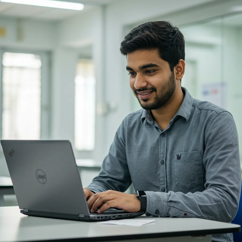 An image illustrating Photorealistic, eye-level medium shot: A young, optimistic Indian man (early 20s), dressed in smart casuals, is intently working on a laptop in a bright, clean, modern skilling center in India. He has a slight, confident smile, embodying the hope and opportunity from the 'लडका भाऊ योजना' for unemployed youth. Soft, natural sunlight. Uplifting and encouraging atmosphere. Focus on his engaged expression. 16:9 aspect ratio. --no text, --no currency, --no overt branding.