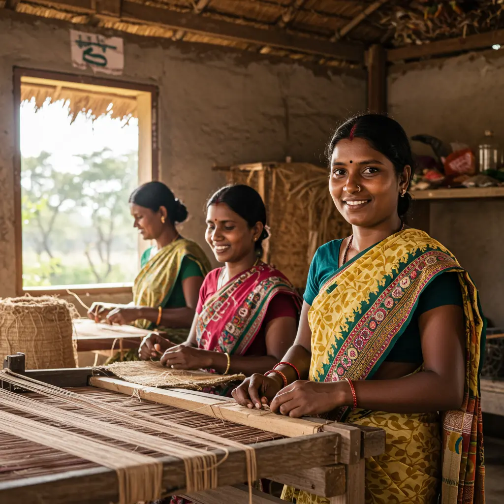 An image illustrating A bright and hopeful photorealistic image, 16:9 aspect ratio. Scene: An eye-level medium shot of three diverse Odia women, aged 30s-50s, dressed in simple, neat traditional Odia sarees (e.g., Sambalpuri patterns). They are in a clean, well-lit small workshop or community hall in a rural Odisha setting. The women are smiling and engaged in a collaborative activity like weaving, crafting intricate Pattachitra art, or packaging local spices, symbolizing economic empowerment and self-reliance through the Subhadra Yojana. One woman in the foreground makes eye contact with the camera, her expression confident and optimistic. Natural sunlight streams in. Mood: Empowering, positive, industrious, community spirit. Avoid stereotypes of poverty; focus on dignity and achievement. --no text, --no logos, --no political insignia, --no clutter.