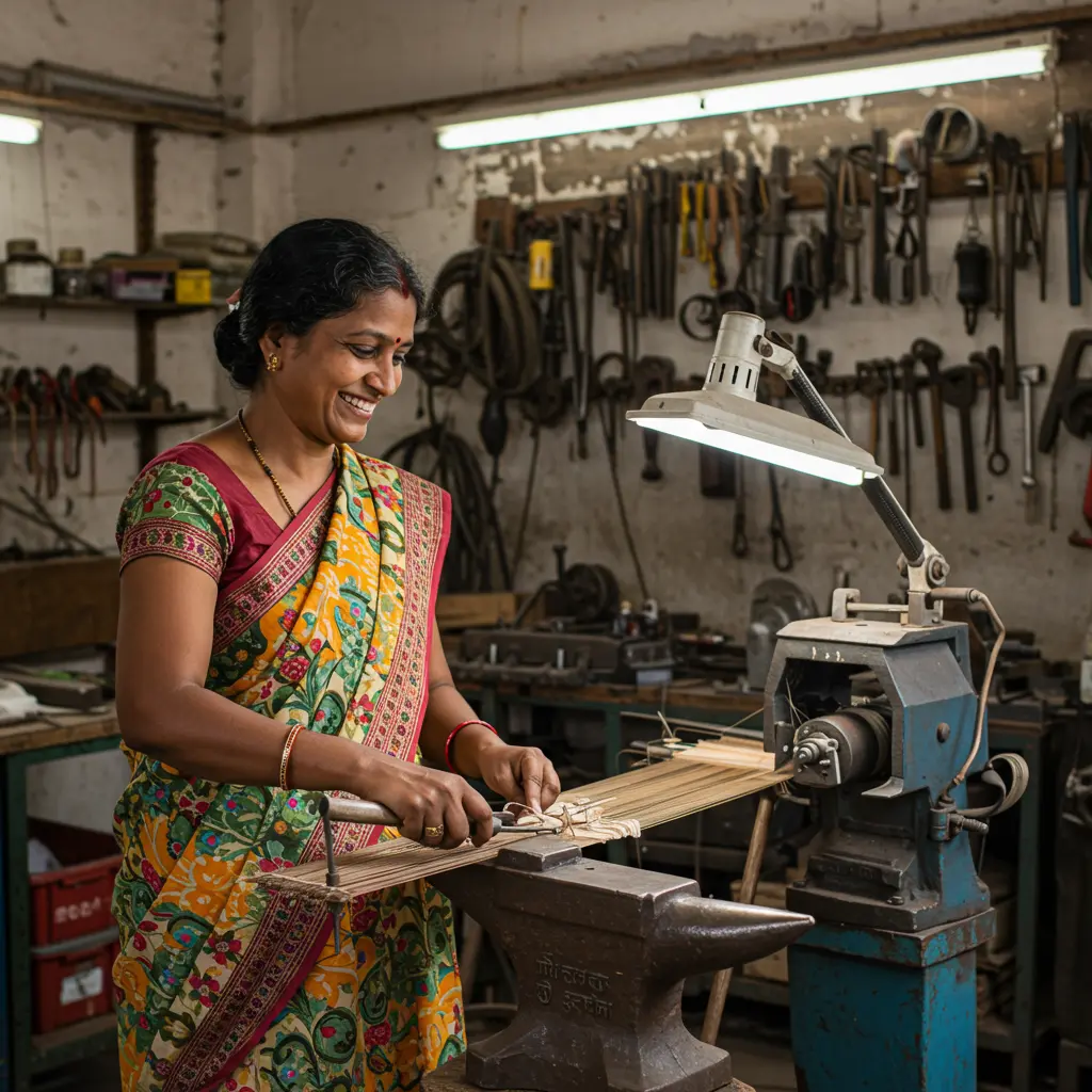 An image illustrating Photorealistic, eye-level medium shot: A smiling Indian artisan (e.g., a woman weaver in a colorful saree or a male blacksmith at a modern-looking anvil) is skillfully using new tools in their well-organized, brightly lit workshop. The artisan's expression is one of pride and hope, reflecting the positive impact of the PM Vishwakarma Yojana. The scene emphasizes improved livelihood and empowerment. Warm, inviting, and optimistic atmosphere. Indian setting. 16:9 aspect ratio. --no text, --no overt depiction of money.