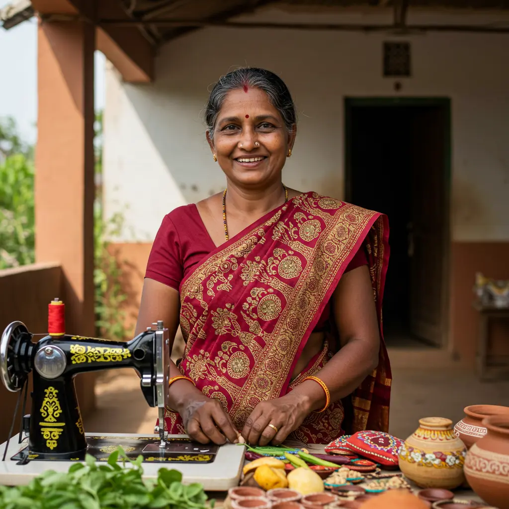 An image illustrating Photorealistic, eye-level medium shot: A smiling, middle-aged Odia woman in a traditional Sambalpuri saree, empowered by the Subhadra Yojana, proudly works at her new small enterprise (e.g., a small tailoring unit with a sewing machine, a handicraft stall displaying local crafts, or tending a vibrant kitchen garden with produce for sale). The setting is a clean, modest home courtyard or a bright community workspace in Odisha, bathed in warm, natural sunlight. Her expression is one of hope, dignity, and self-reliance. The image should evoke a positive, aspirational feeling of improved livelihood and women's empowerment. Subtle Odisha cultural elements like Pattachitra art motifs or local terracotta pots can be visible in the background. 16:9 aspect ratio. --no text, --no depiction of overt poverty or distress, --no political symbols.