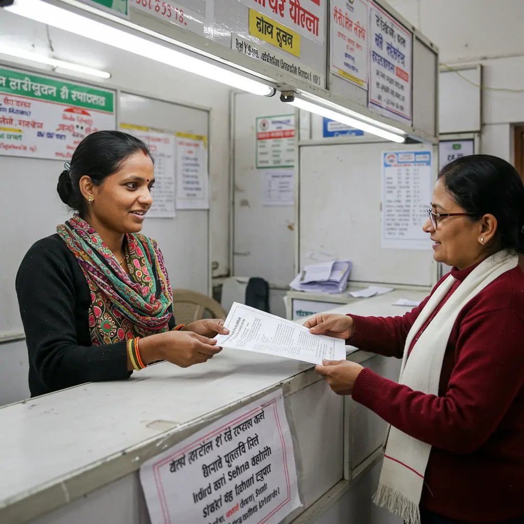 An image illustrating Photorealistic image, eye-level shot: A hopeful Indian woman (30s-40s, from Himachal Pradesh, modest background) is at a clean, well-lit government scheme counter. She is interacting positively with a kind, female government employee who is assisting her with a document related to the 'Indira Gandhi Pyari Behna Sukh Samman Nidhi Yojana'. The beneficiary woman has a slight smile, conveying dignity and relief. The mood is supportive and empowering. Soft, natural indoor lighting. 16:9 aspect ratio. Focus on the respectful interaction. --no text, --no cash, --no political party symbols.