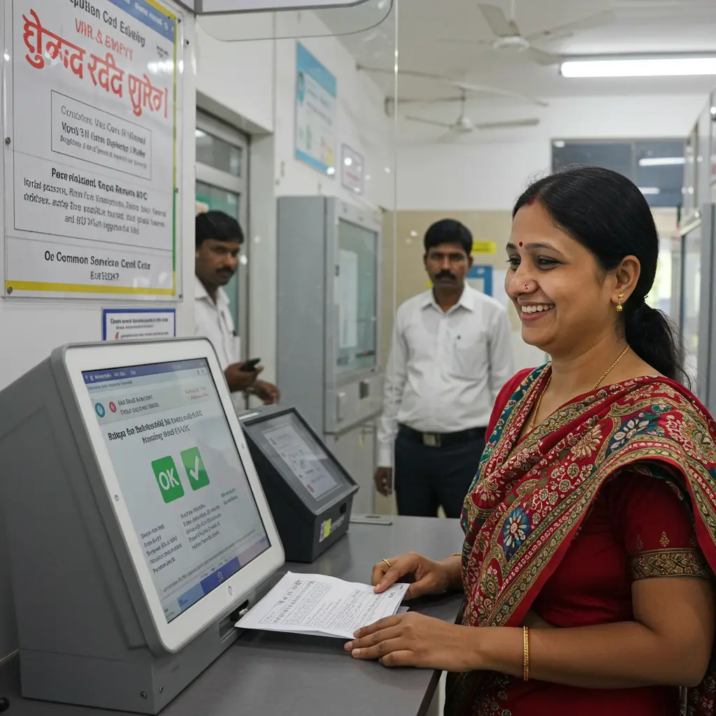 An image illustrating Photorealistic, eye-level medium shot of a smiling Indian citizen, a woman in her 40s representing a 'राशन कार्ड धारक', successfully completing her Ration Card E-KYC. She is looking at a simple tablet or kiosk screen displaying a clear confirmation message (icon-based, e.g., a green checkmark, no complex text) at a clean, modern government service center or a Common Service Centre (CSC). A polite official in the background is available for assistance. The scene conveys ease, efficiency, and the security of updated records ensuring 'सही लोगों तक राशन पहुंचेगा'. Bright, welcoming indoor lighting. Culturally appropriate Indian attire and setting. 16:9 aspect ratio. --no visible text on screen unless it's a universally understood 'OK' or green checkmark symbol, --no clutter, --no distressed expressions.