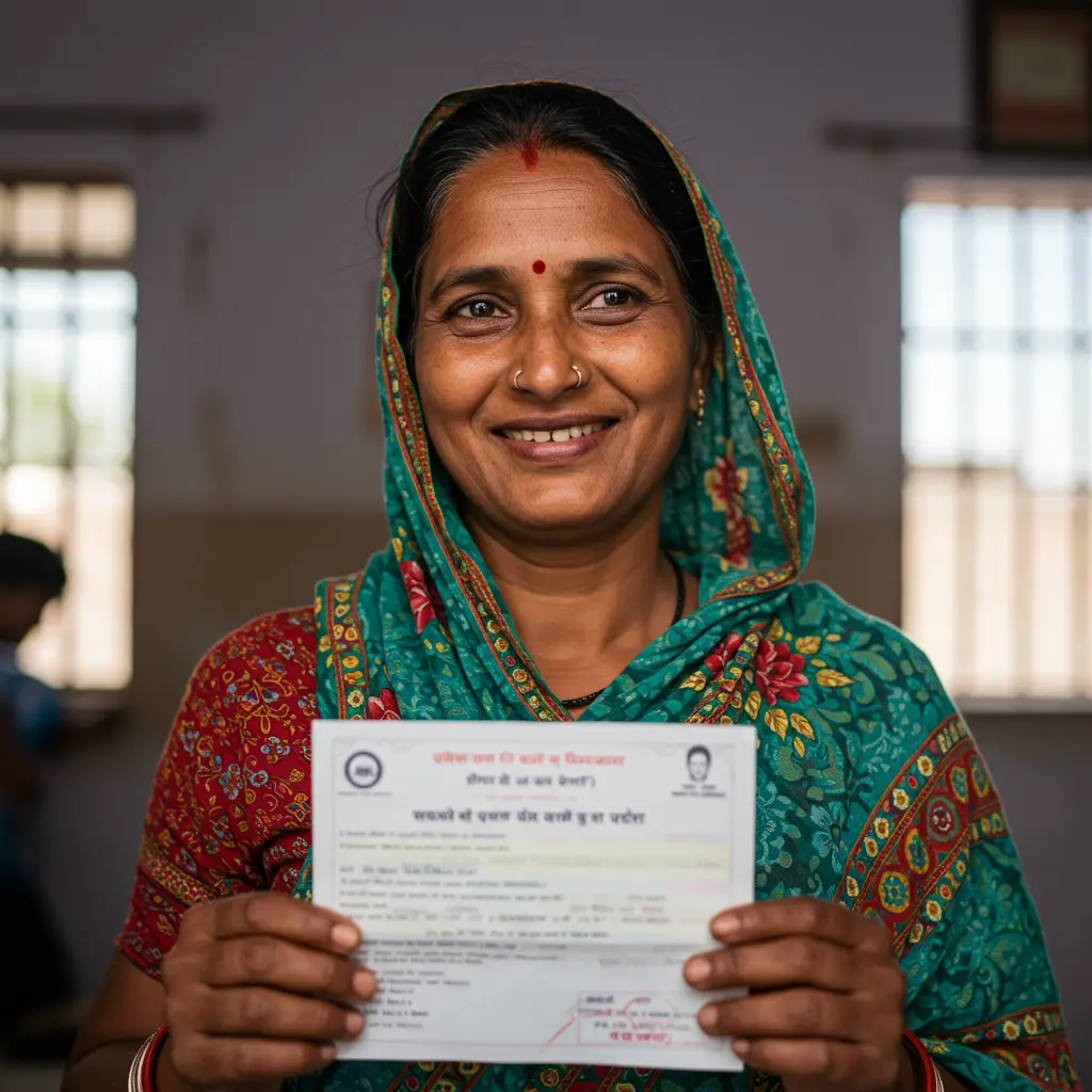 An image illustrating Photorealistic, eye-level medium shot of a smiling and dignified Indian woman from Delhi, around 40 years old, a beneficiary of the 'दिल्ली मुख्यमंत्री महिला सम्मान योजना'. She is holding a generic official-looking document or a symbolic scheme card that implies enrollment, looking slightly off-camera with a hopeful and empowered expression. The background is a clean, bright, and welcoming environment, possibly a well-maintained home or a community assistance center, subtly suggesting a Delhi locality. The lighting is natural and warm, creating an optimistic and encouraging mood. Emphasis on her expression of relief and newfound financial stability. Colors should be positive and uplifting. Aspect ratio 16:9. --no text, --no visible currency, --no direct political party insignia.