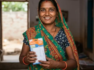 An image illustrating Photorealistic, eye-level medium shot: A smiling, confident Indian woman from Madhya Pradesh (visibly aged between 30-50) stands in a well-lit, modest but neat home or community space. She holds a small, new item indicative of household improvement or a child's educational material (e.g., a new notebook and pen, or a small kitchen appliance), symbolizing the positive impact of financial assistance from a yojana. Her expression is hopeful and empowered. Bright, natural daylight creates a warm and encouraging atmosphere. Culturally relevant Indian setting. 16:9 aspect ratio. --no text, --no logos, --no explicit money.
