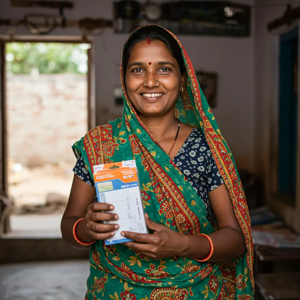 An image illustrating Photorealistic, eye-level medium shot: A smiling, confident Indian woman from Madhya Pradesh (visibly aged between 30-50) stands in a well-lit, modest but neat home or community space. She holds a small, new item indicative of household improvement or a child's educational material (e.g., a new notebook and pen, or a small kitchen appliance), symbolizing the positive impact of financial assistance from a yojana. Her expression is hopeful and empowered. Bright, natural daylight creates a warm and encouraging atmosphere. Culturally relevant Indian setting. 16:9 aspect ratio. --no text, --no logos, --no explicit money.