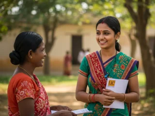 An image illustrating Photorealistic eye-level shot: A confident, smiling Indian woman (30s) dressed neatly, representing an 'LIC Bima Sakhi', standing in a bright, positive Indian rural setting. She could be holding a simple folder with a subtle LIC logo or interacting warmly with another villager, explaining something positively. Focus on empowerment and trust. Warm natural daylight, hopeful mood. 16:9 aspect ratio. --no text --no clutter --no overt poverty depiction.