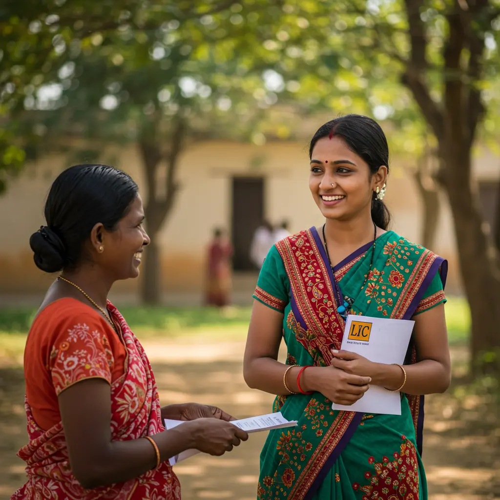 An image illustrating Photorealistic eye-level shot: A confident, smiling Indian woman (30s) dressed neatly, representing an 'LIC Bima Sakhi', standing in a bright, positive Indian rural setting. She could be holding a simple folder with a subtle LIC logo or interacting warmly with another villager, explaining something positively. Focus on empowerment and trust. Warm natural daylight, hopeful mood. 16:9 aspect ratio. --no text --no clutter --no overt poverty depiction.
