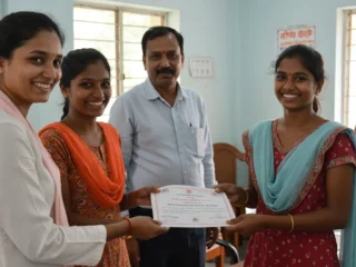 An image illustrating Photorealistic, eye-level medium shot of two smiling Indian students (one boy, one girl, subtly representing SC/ST communities in Bihar) receiving scholarship certificates or educational materials from a helpful official figure in a simple, bright government office setting. Focus is on the students' happy and hopeful expressions, symbolizing the benefit of the Mukhyamantri Medhavriti Yojana. Background is slightly blurred, emphasizing the subjects. Mood: Hopeful, Encouraging, Positive. Natural daylight. 16:9 aspect ratio. --no text --no overt political symbols.