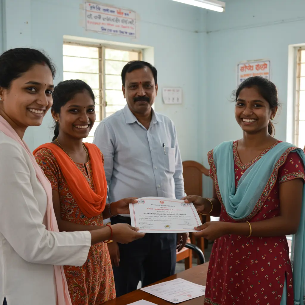 An image illustrating Photorealistic, eye-level medium shot of two smiling Indian students (one boy, one girl, subtly representing SC/ST communities in Bihar) receiving scholarship certificates or educational materials from a helpful official figure in a simple, bright government office setting. Focus is on the students' happy and hopeful expressions, symbolizing the benefit of the Mukhyamantri Medhavriti Yojana. Background is slightly blurred, emphasizing the subjects. Mood: Hopeful, Encouraging, Positive. Natural daylight. 16:9 aspect ratio. --no text --no overt political symbols.