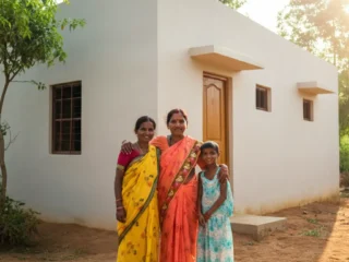An image illustrating Photorealistic, eye-level shot of a smiling Indian couple (representing economically weaker citizens) standing with their two young children in front of their newly constructed, modest yet neat pucca house under the Pradhan Mantri Awas Yojana. The house is simple, painted in light, cheerful colors. One parent could be gratefully holding a symbolic house key. The background shows a clean, developing semi-urban Indian neighborhood with hints of greenery. Bright, optimistic daylight. The overall mood is hopeful, secure, and empowering. 16:9 aspect ratio. --no text, --no overt political branding.
