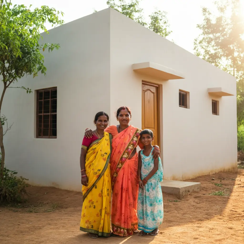 An image illustrating Photorealistic, eye-level shot of a smiling Indian couple (representing economically weaker citizens) standing with their two young children in front of their newly constructed, modest yet neat pucca house under the Pradhan Mantri Awas Yojana. The house is simple, painted in light, cheerful colors. One parent could be gratefully holding a symbolic house key. The background shows a clean, developing semi-urban Indian neighborhood with hints of greenery. Bright, optimistic daylight. The overall mood is hopeful, secure, and empowering. 16:9 aspect ratio. --no text, --no overt political branding.